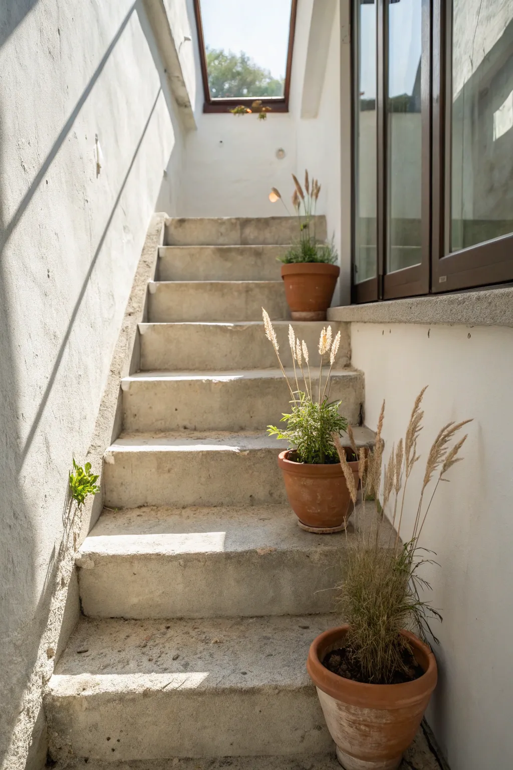 Tiered window well steps that double as a sweet mini garden display, minimal and boho.