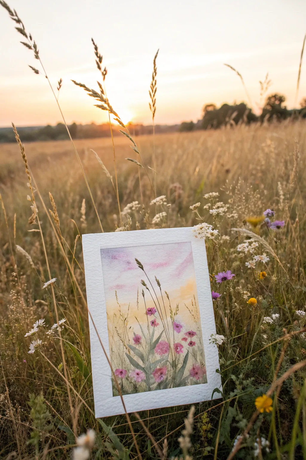 Golden meadow painting idea: loose wildflowers fading into distance with warm horizon light.