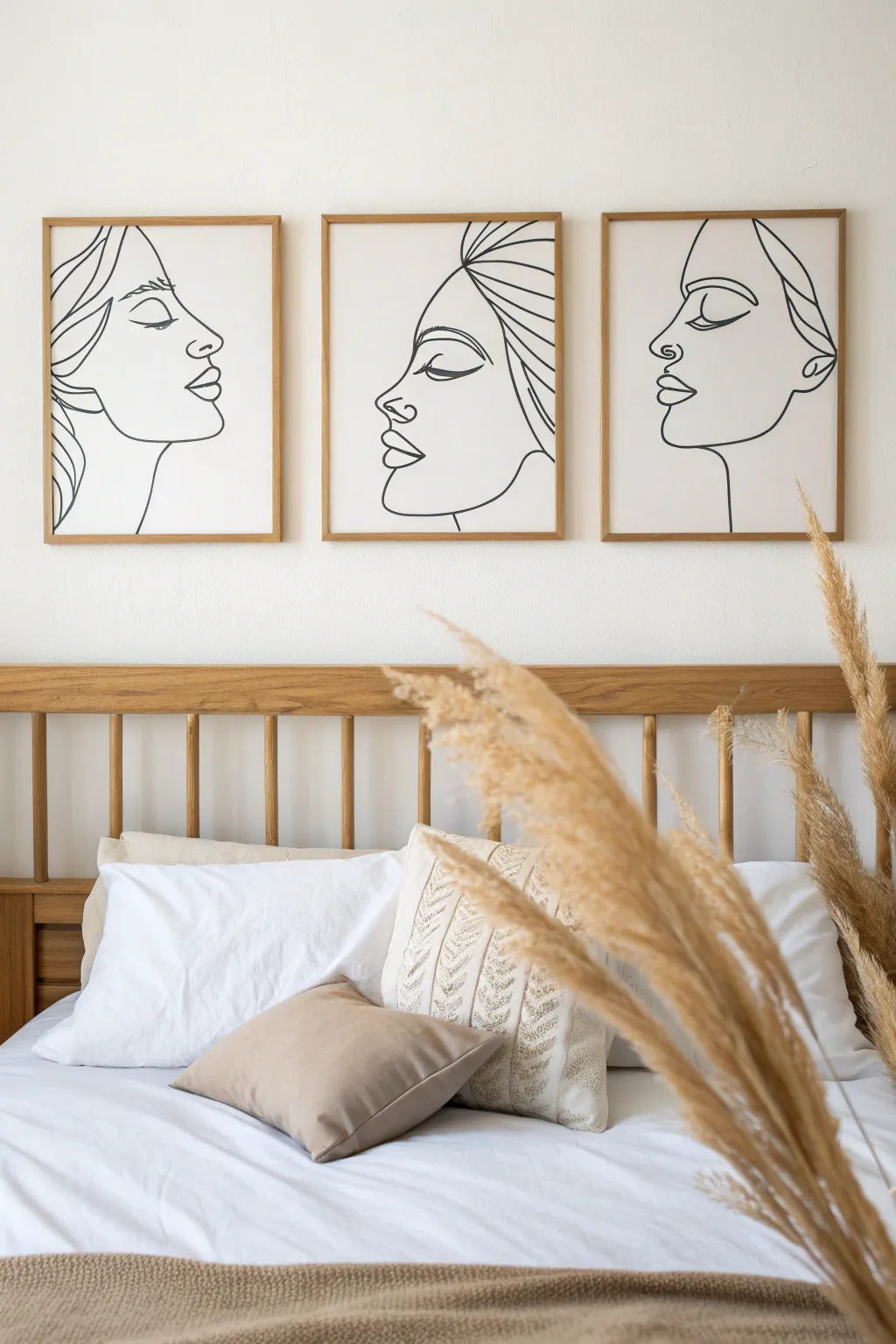 Minimal paired line art faces in a calm triptych, perfect above the bed for soft modern style