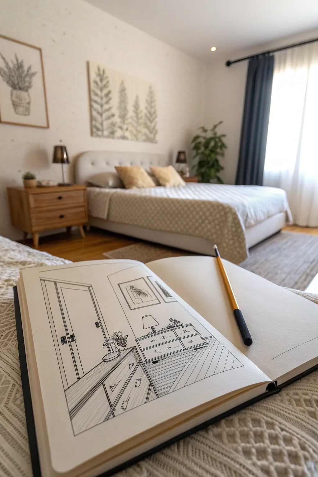 Minimalist corner bedroom sketch in two-point perspective, clean lines and soft boho styling.
