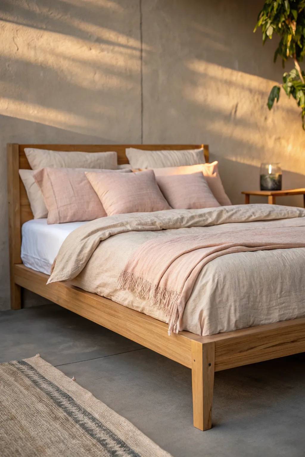 Golden hour reveals warm taupe rosy walls behind tan and blush bedding for a calm bedroom palette.