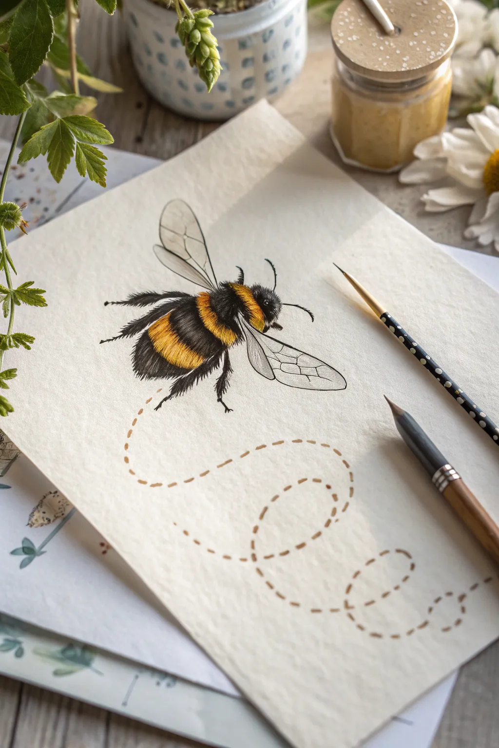 Minimalist bee in flight with dotted motion trail, soft wings and bold stripes on clean paper.