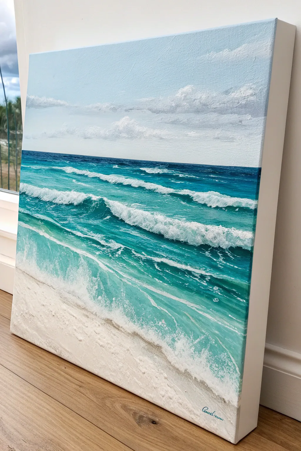 Beginner-friendly acrylic seascape with loose turquoise layers and delicate white wave foam