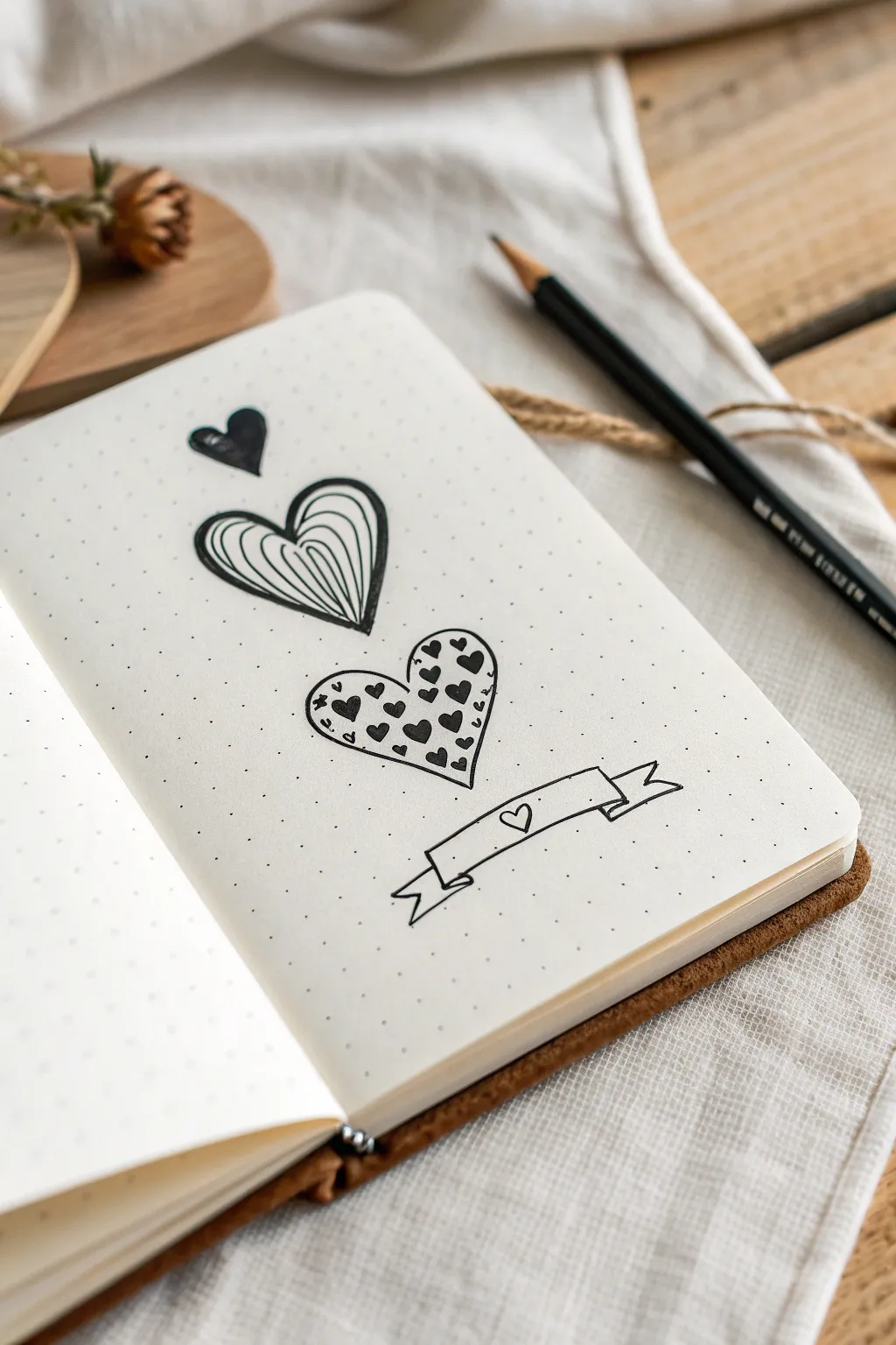 Three easy heart doodles on a clean sketchbook page, minimalist and beginner friendly.