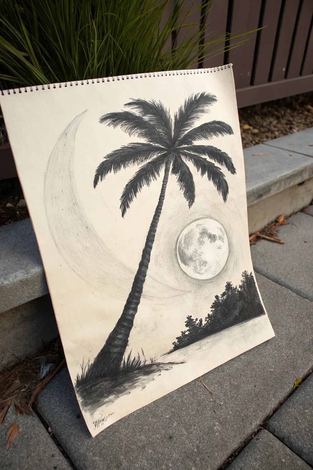Easy charcoal silhouette: palm tree crossing a glowing moon, a simple beginner drawing idea