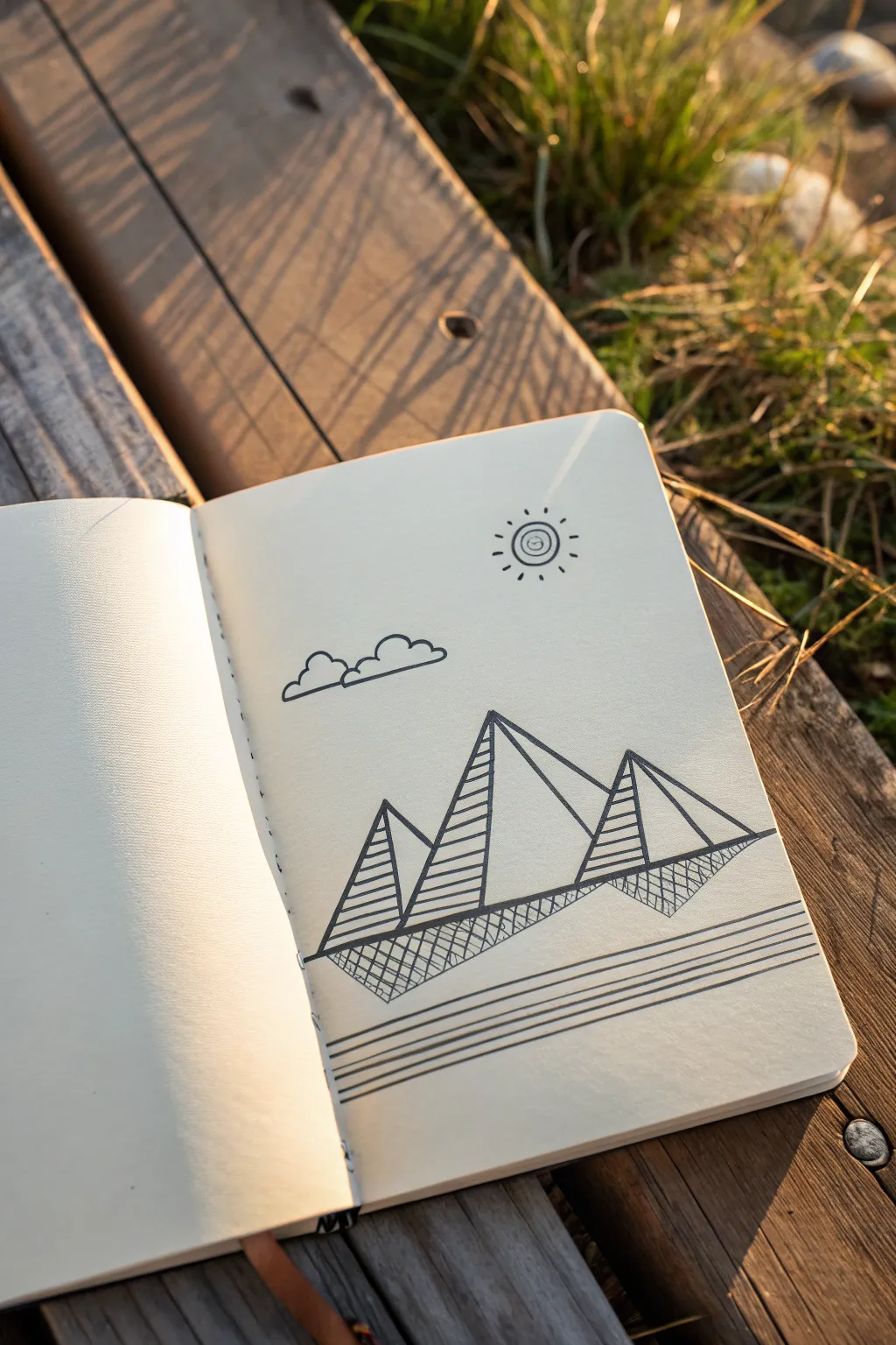 Simple mountain range drawing idea: layered triangle peaks with a sun and soft shading