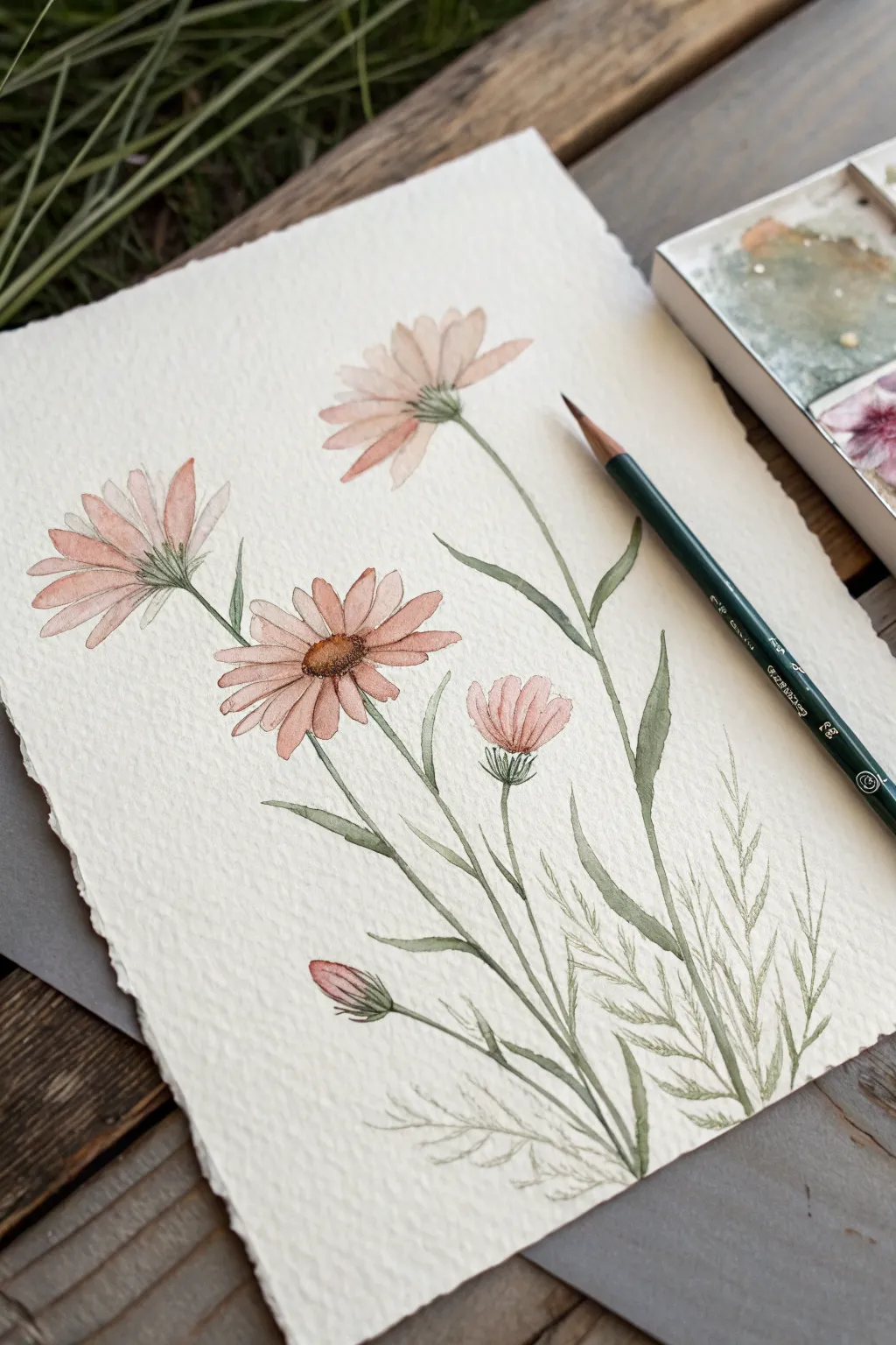 Loose watercolor-pencil wildflowers: soft, scribbly blooms that look lovely even imperfect.