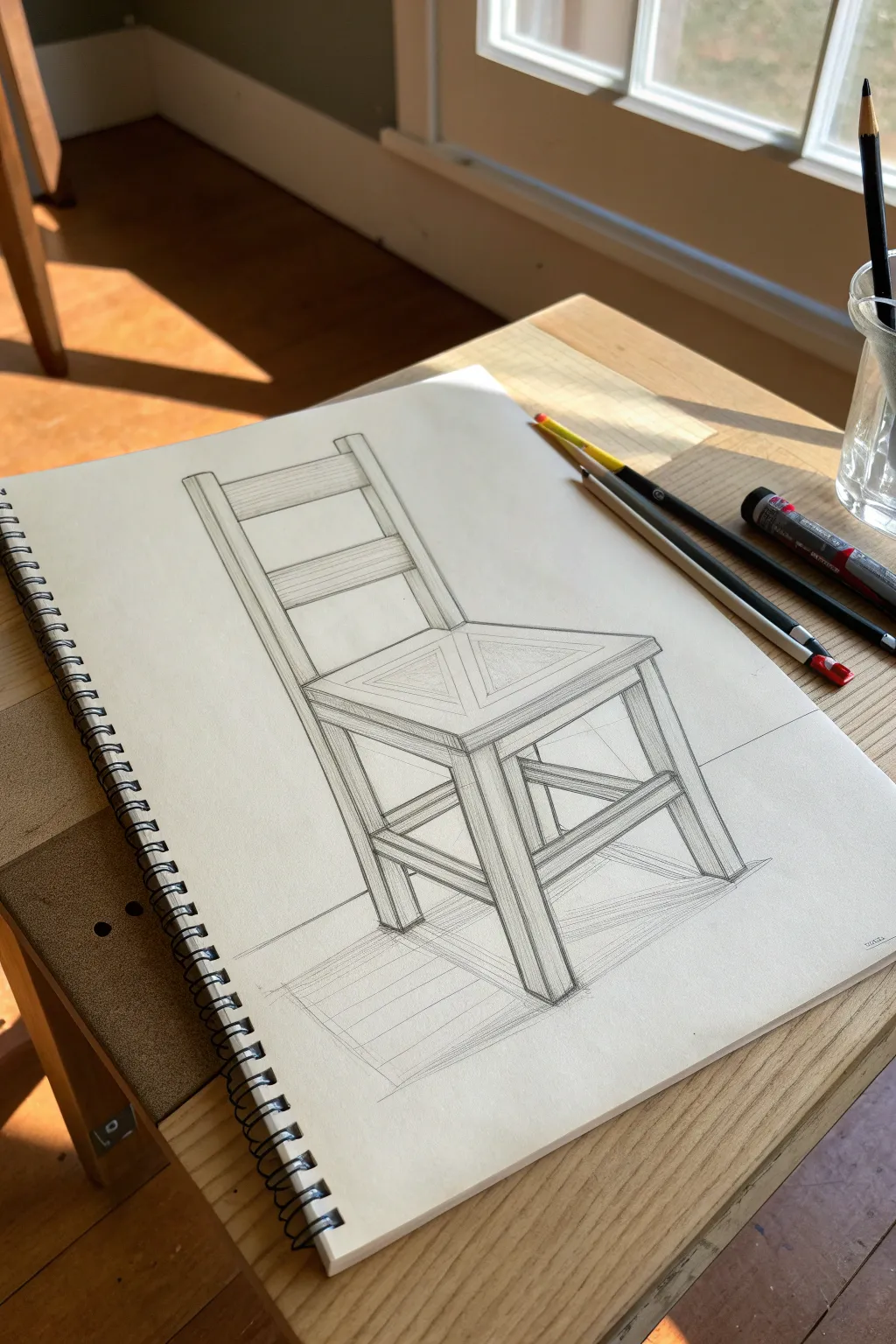 Beginner sketch: build a chair from boxes and lines, then add soft shadow for depth.