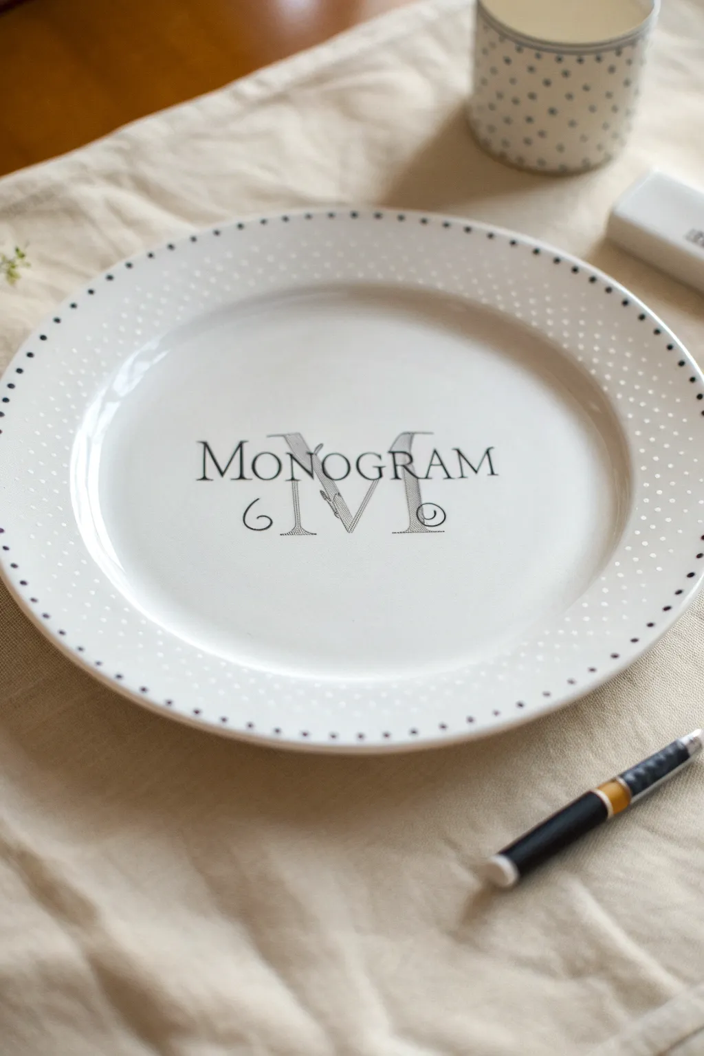 Beginner-friendly monogram plate with a bold centered initial and a delicate border detail.