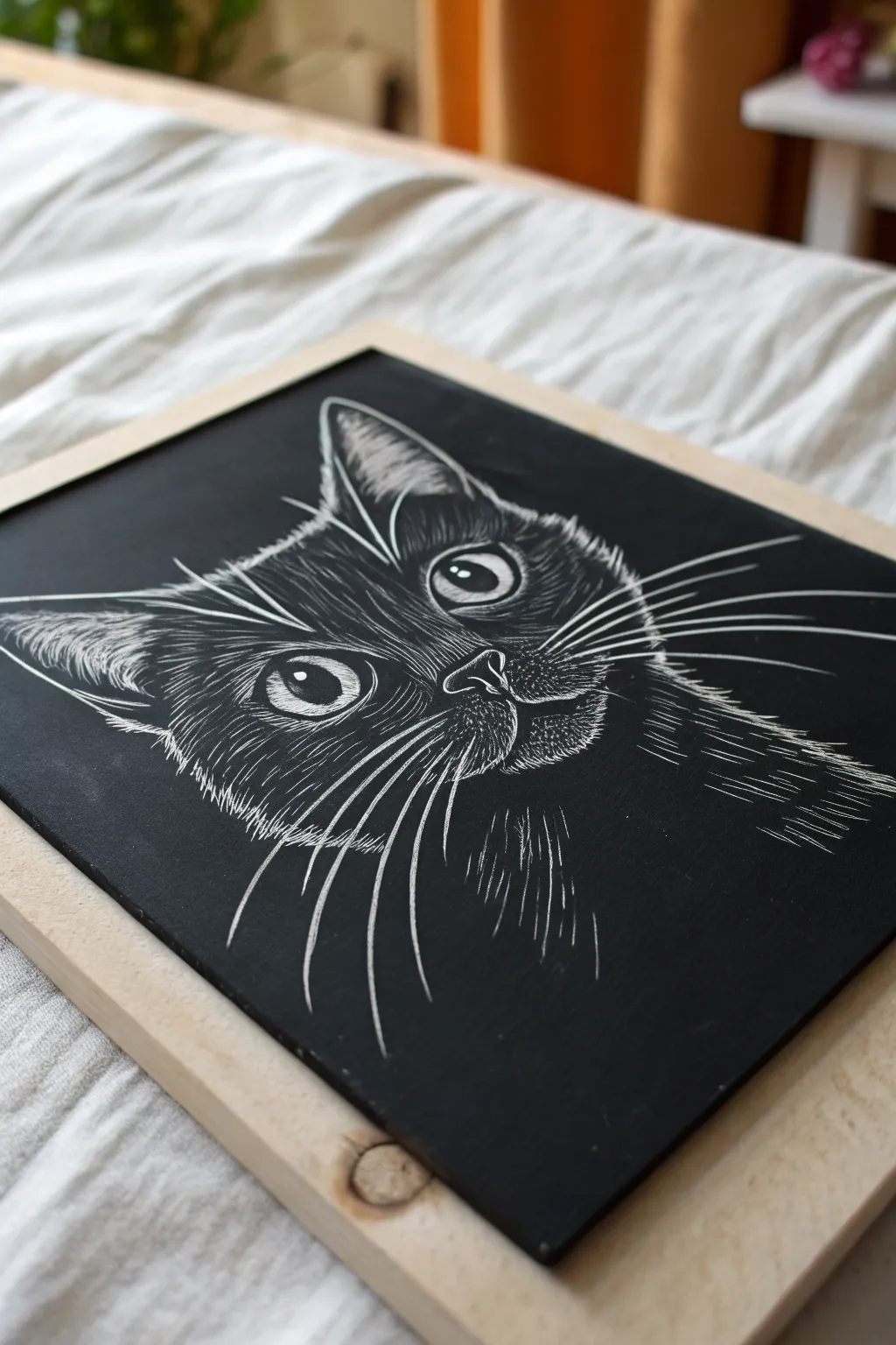 Easy scratchboard idea: bold cat face close-up with big eyes, crisp whiskers, and soft hatching