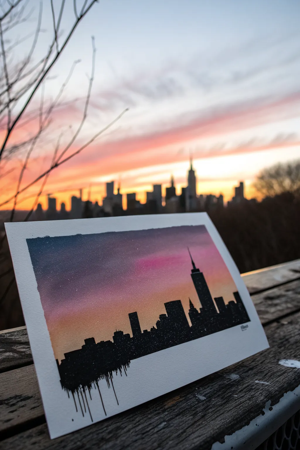 Simple spray paint skyline silhouette with dreamy sunset fade, perfect for beginners