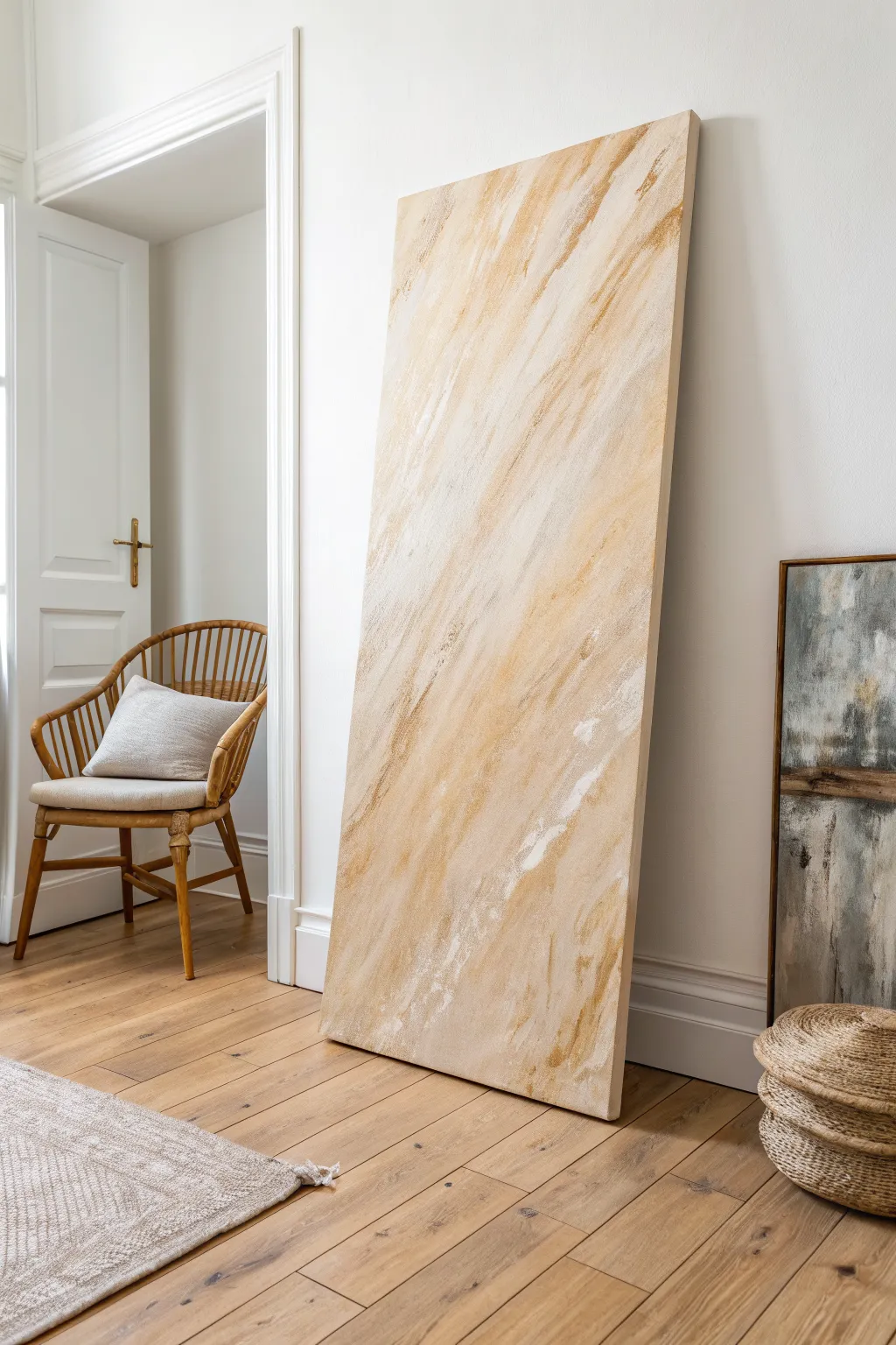 Layered beige strokes on a tall statement canvas for calm Scandinavian minimal boho style.