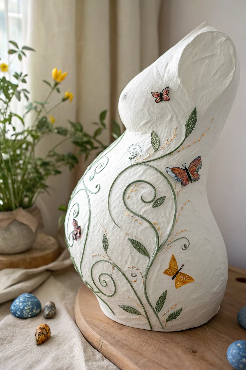 Winding green vines and bright butterflies on a minimalist belly cast, soft boho Scandinavian vibe.