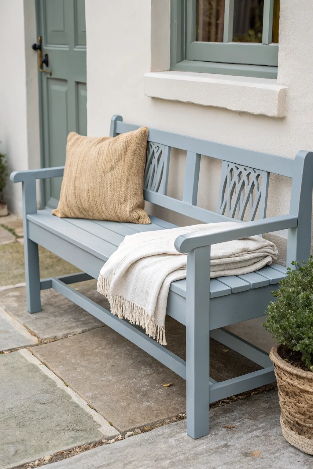Slate blue-grey bench with white linen and tan weave for a moody, modern entryway upgrade