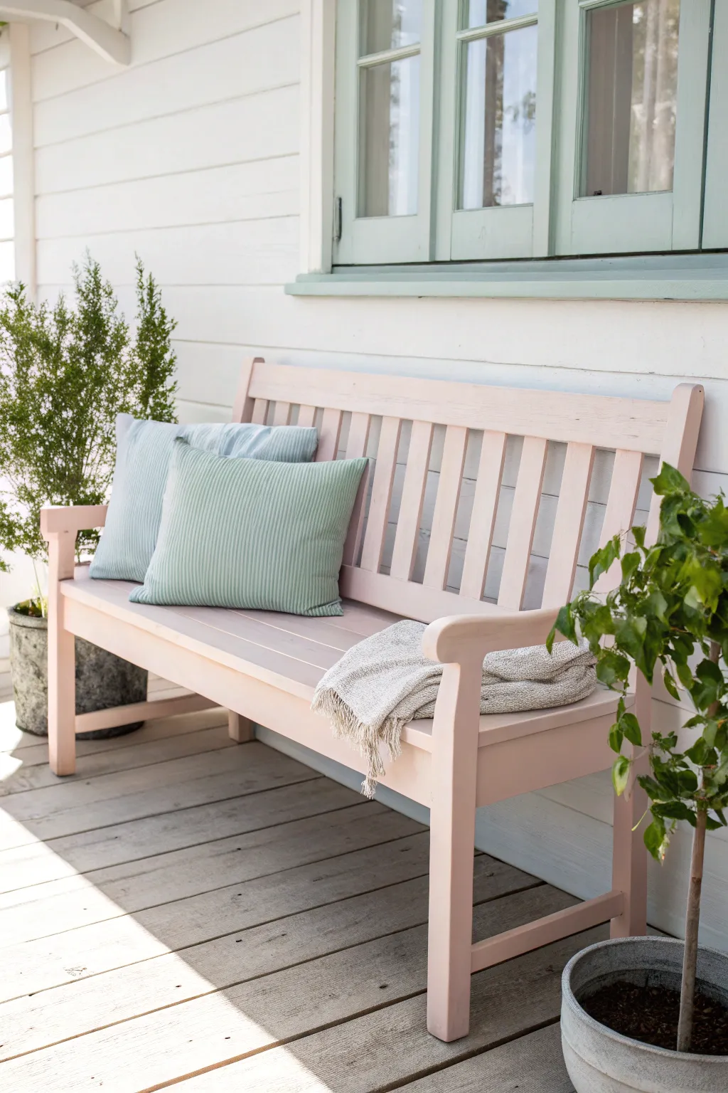 Soft pastel porch bench with a simple plant and pillow, calm Scandinavian boho charm to paint.