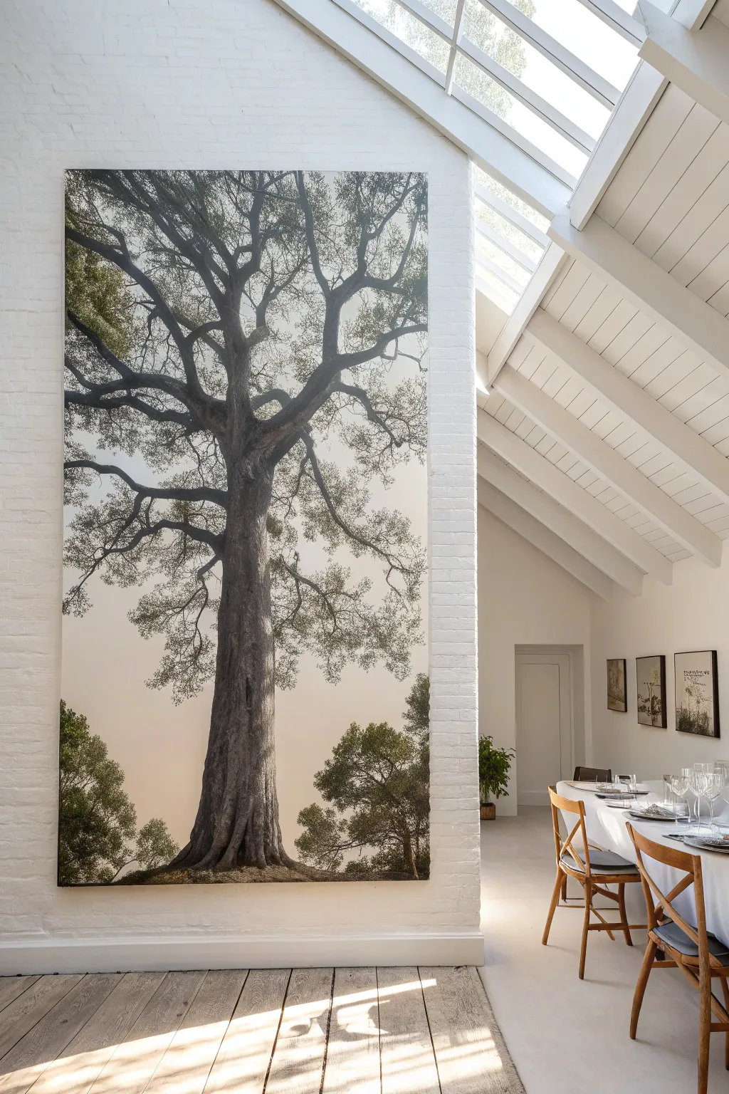 Giant tree silhouette on a tall canvas, minimal and bold for a dramatic statement wall.