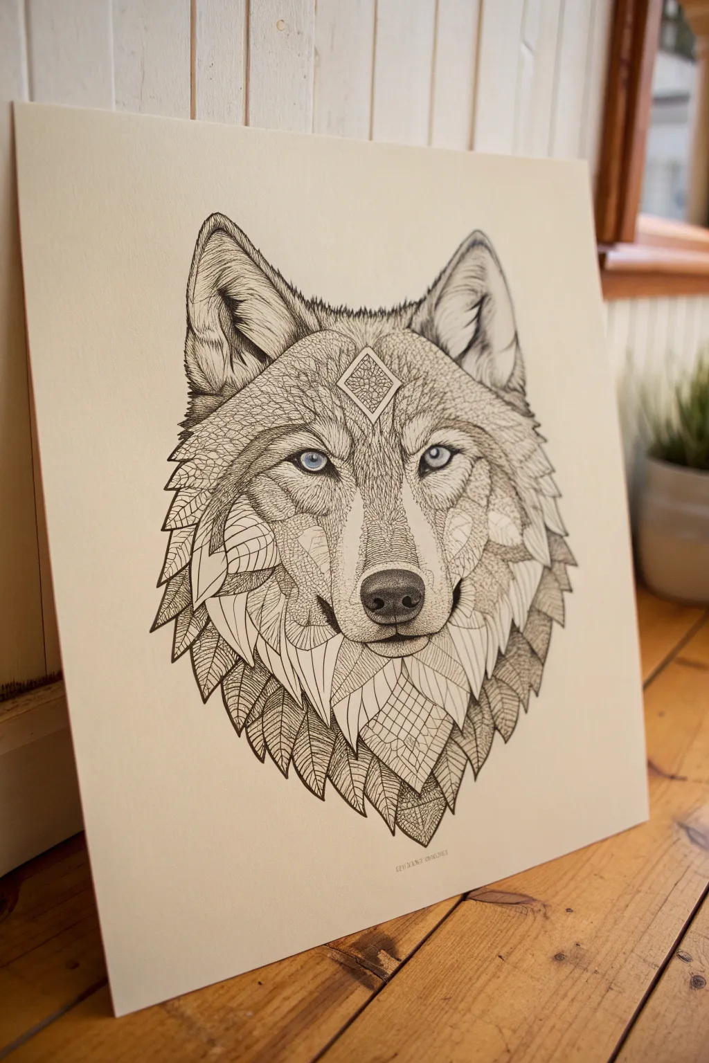 Pattern-built wolf portrait drawing idea with bold eyes, clean lines, and minimalist Nordic vibe