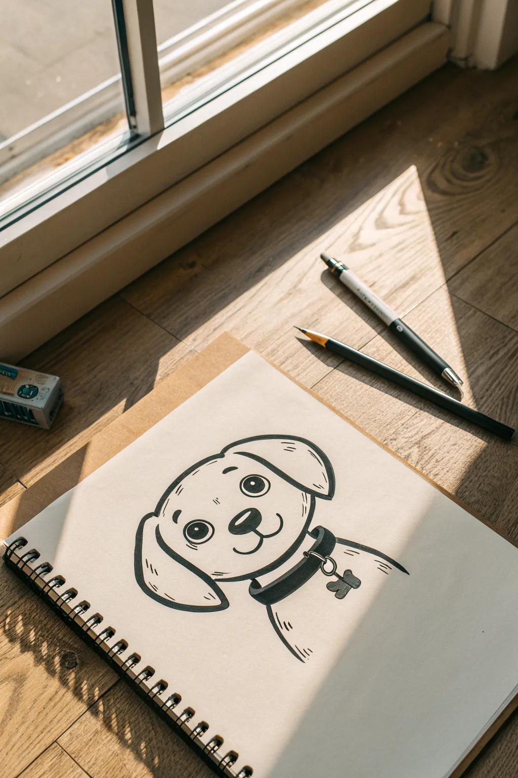 Chunky puppy portrait idea: rounded bold lines, floppy ears, and big eyes for an easy drawing