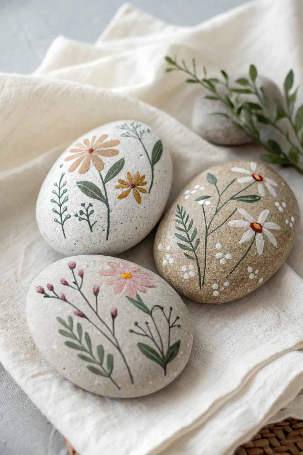 Three oversized painted rocks with simple wildflowers in a calm Scandinavian boho flat lay.