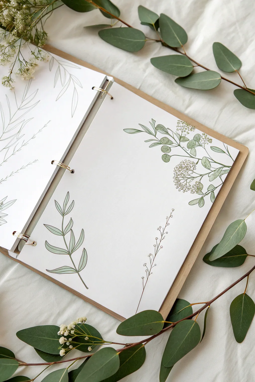 Minimal binder insert with floral corners and leafy vines, clean center space, soft neutral contrast