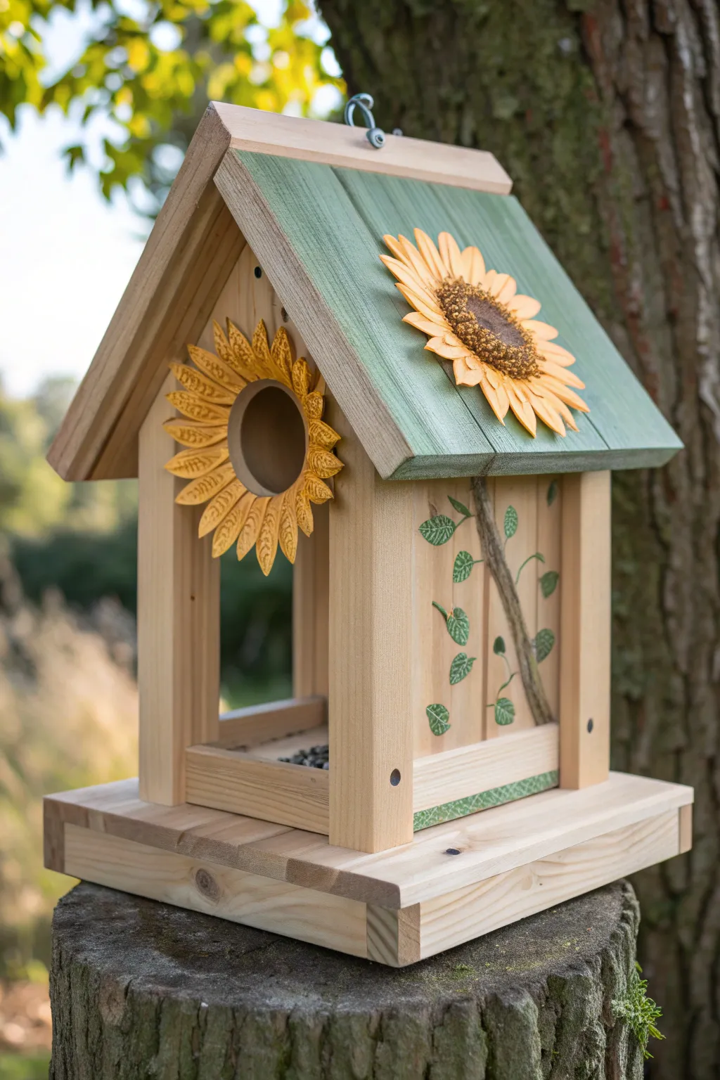 Sunflower roof bird feeder with clean minimalist lines and warm summer boho charm