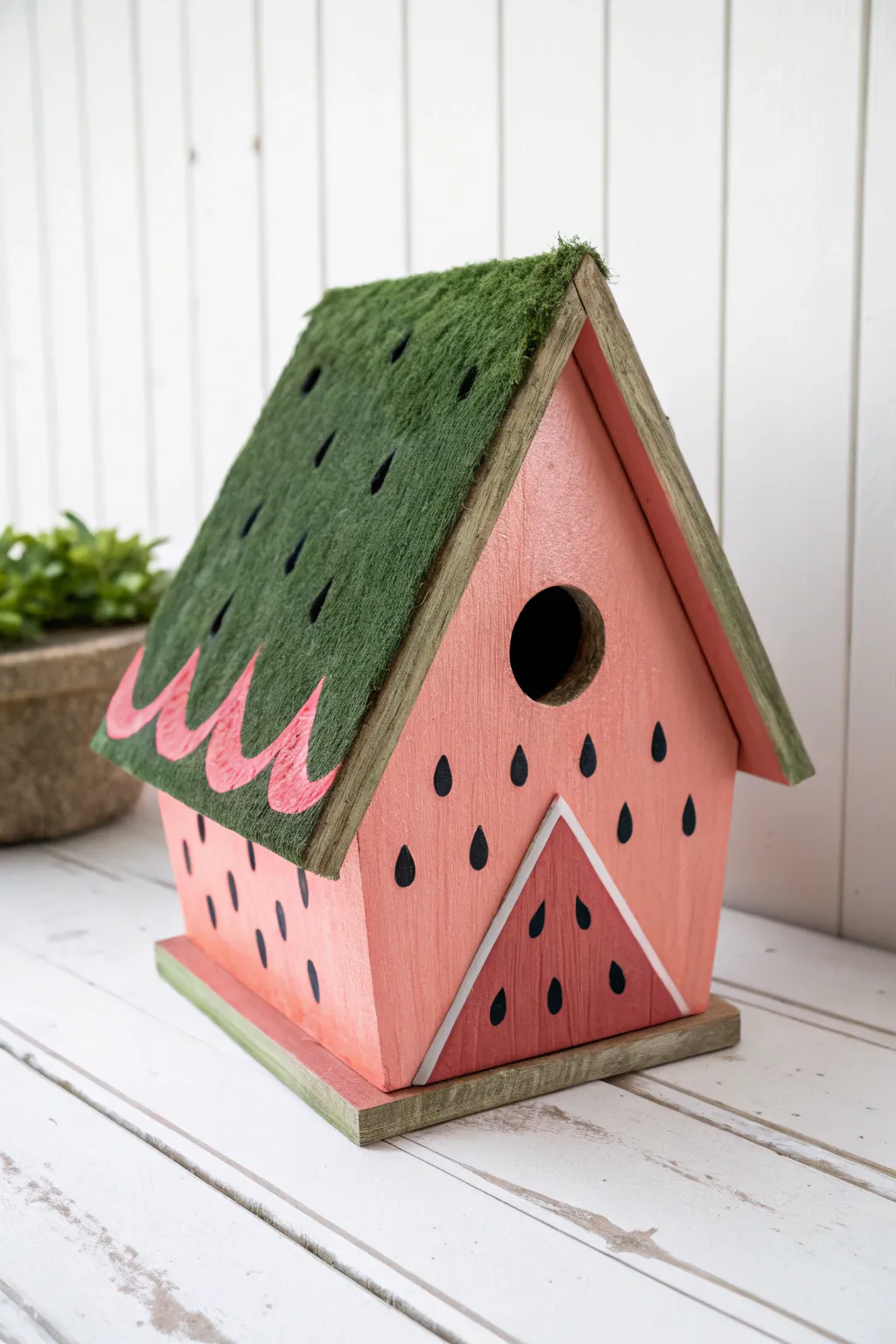 Add a pop of summer to your garden with this adorable watermelon birdhouse design.