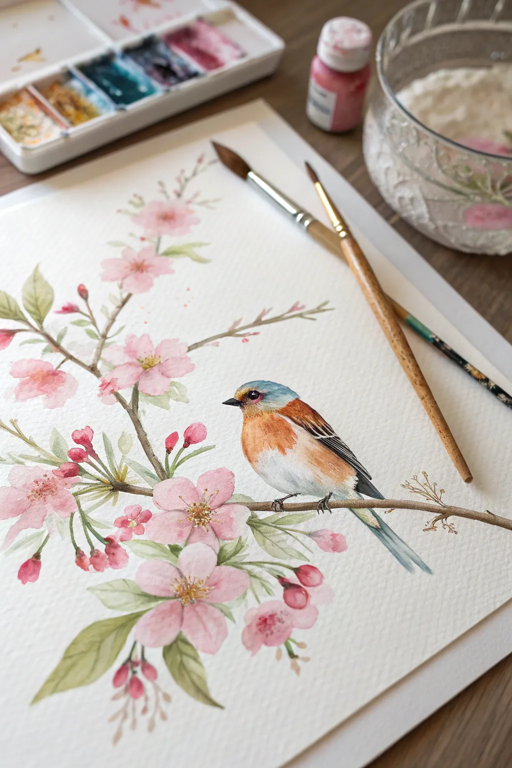 Bird Among Blossoms: a crisp, detailed bird framed by dreamy pastel blooms, minimal and boho