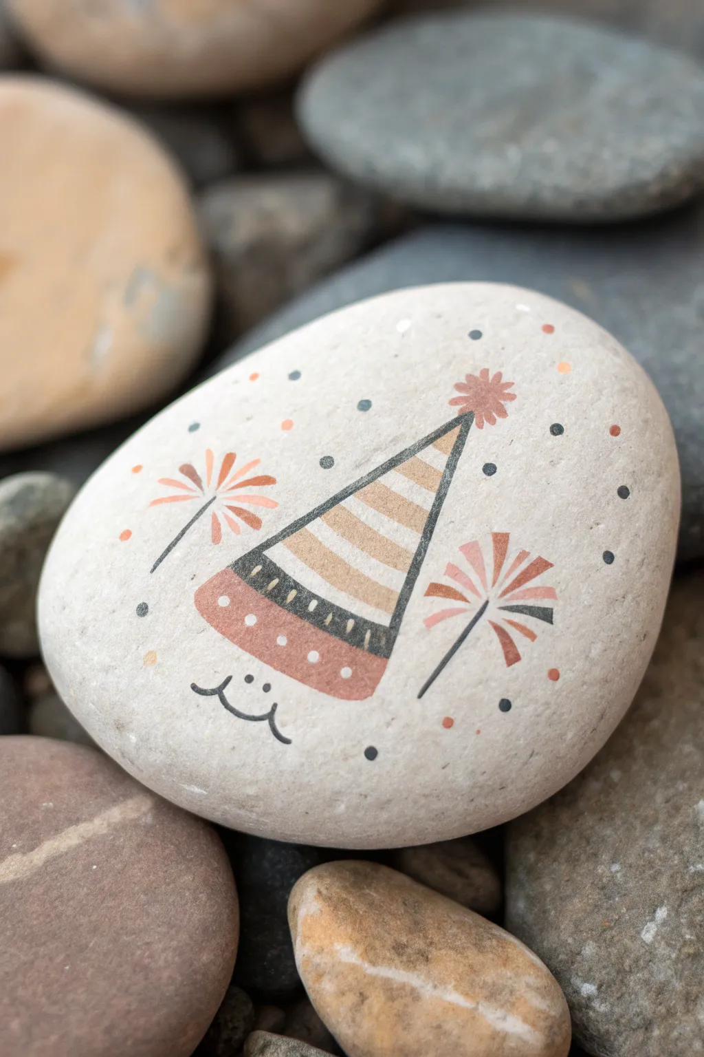 Minimal party-hat rock with playful confetti in soft boho colors for birthday painting fun.