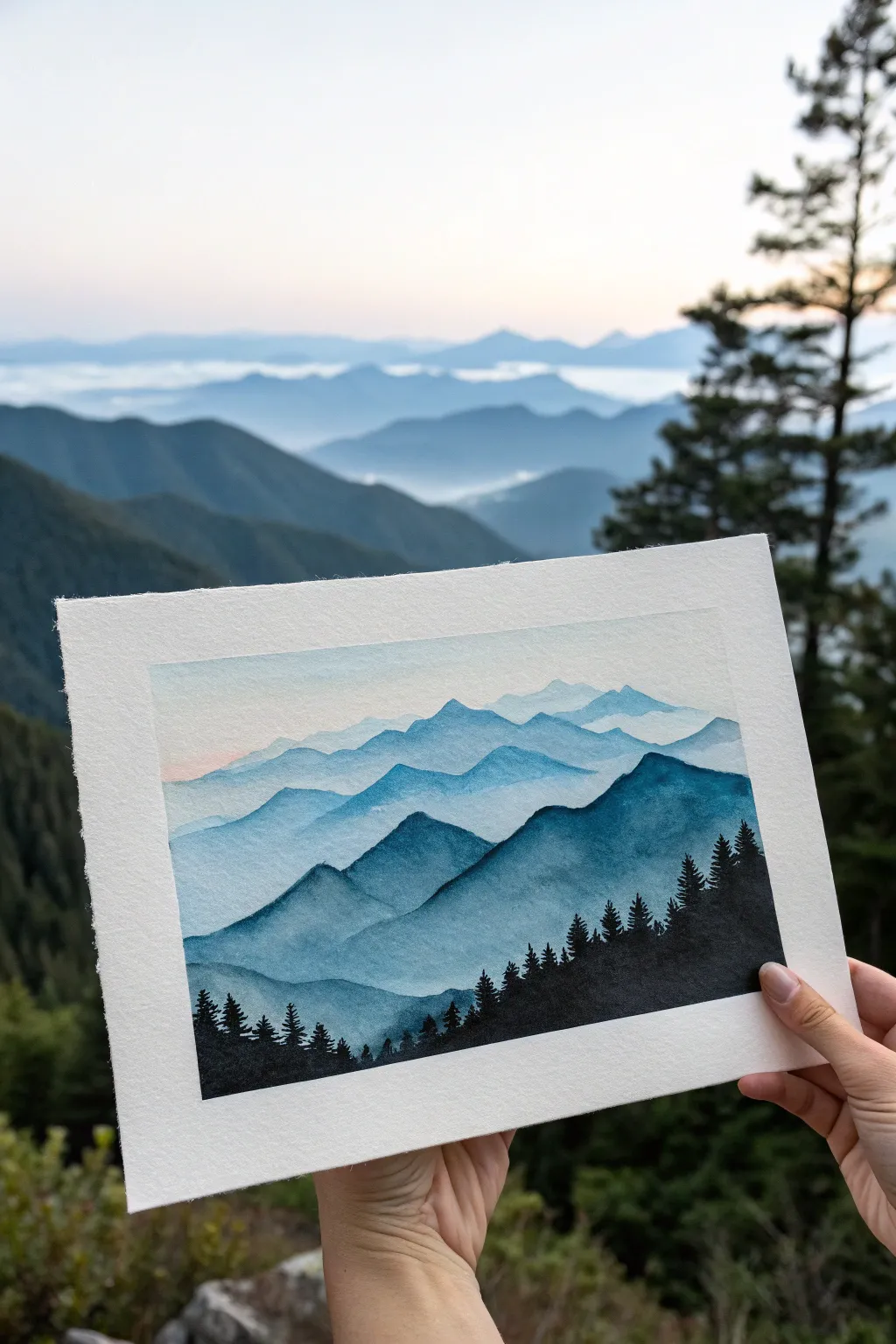 Minimalist mountain ridge in black silhouette with dreamy indigo haze for calm blue painting ideas