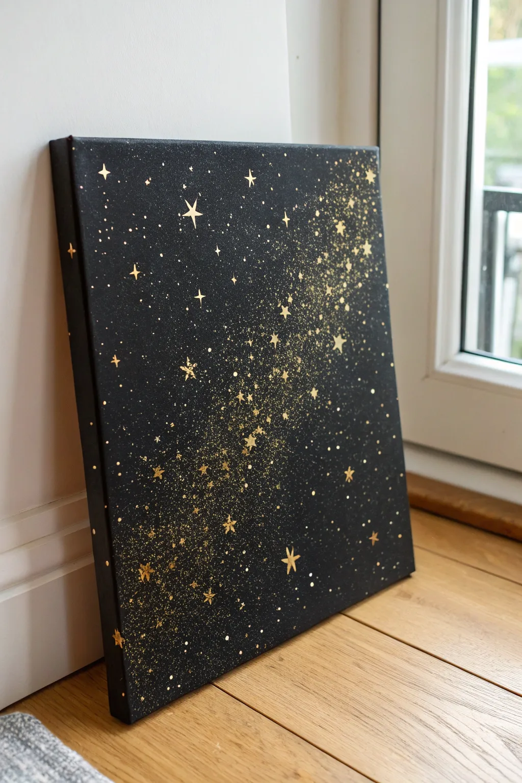 Gold splatter galaxy on deep black canvas, a minimalist constellation with boho shimmer.
