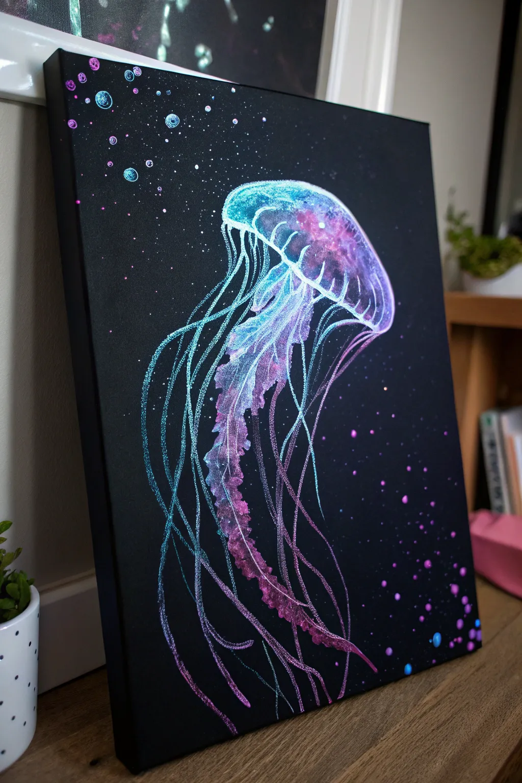 Glowing UV jellyfish on a deep black canvas, minimalist neon drift with boho softness