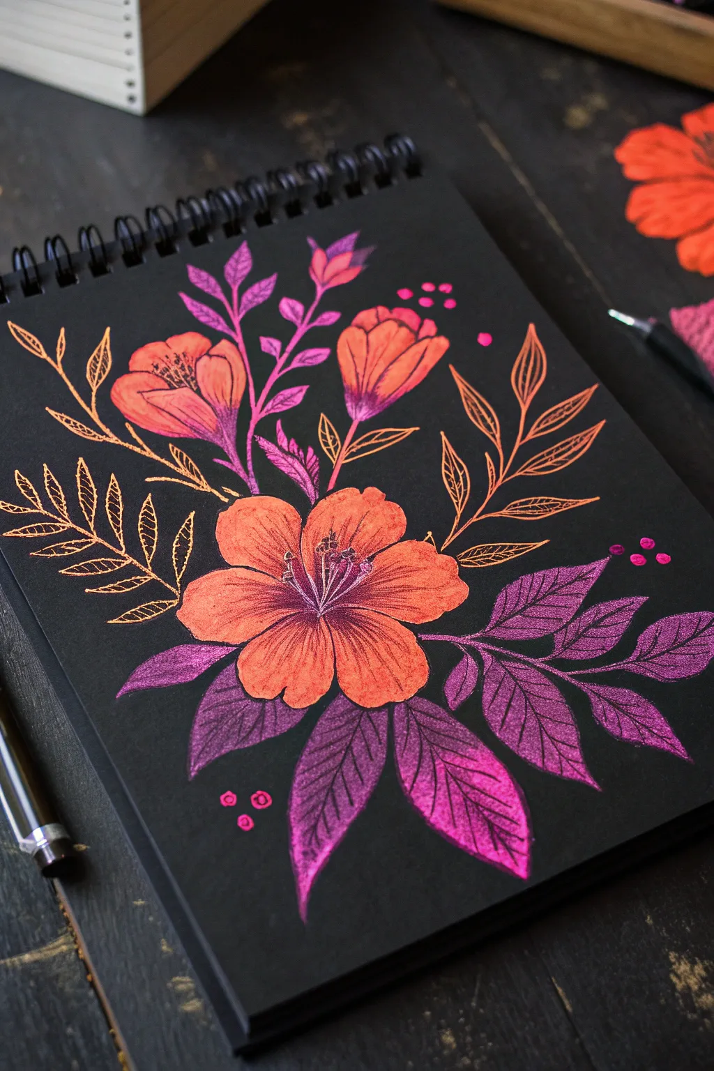 Neon orange and hot pink blooms float above dark leaves in a UV-inspired floral study