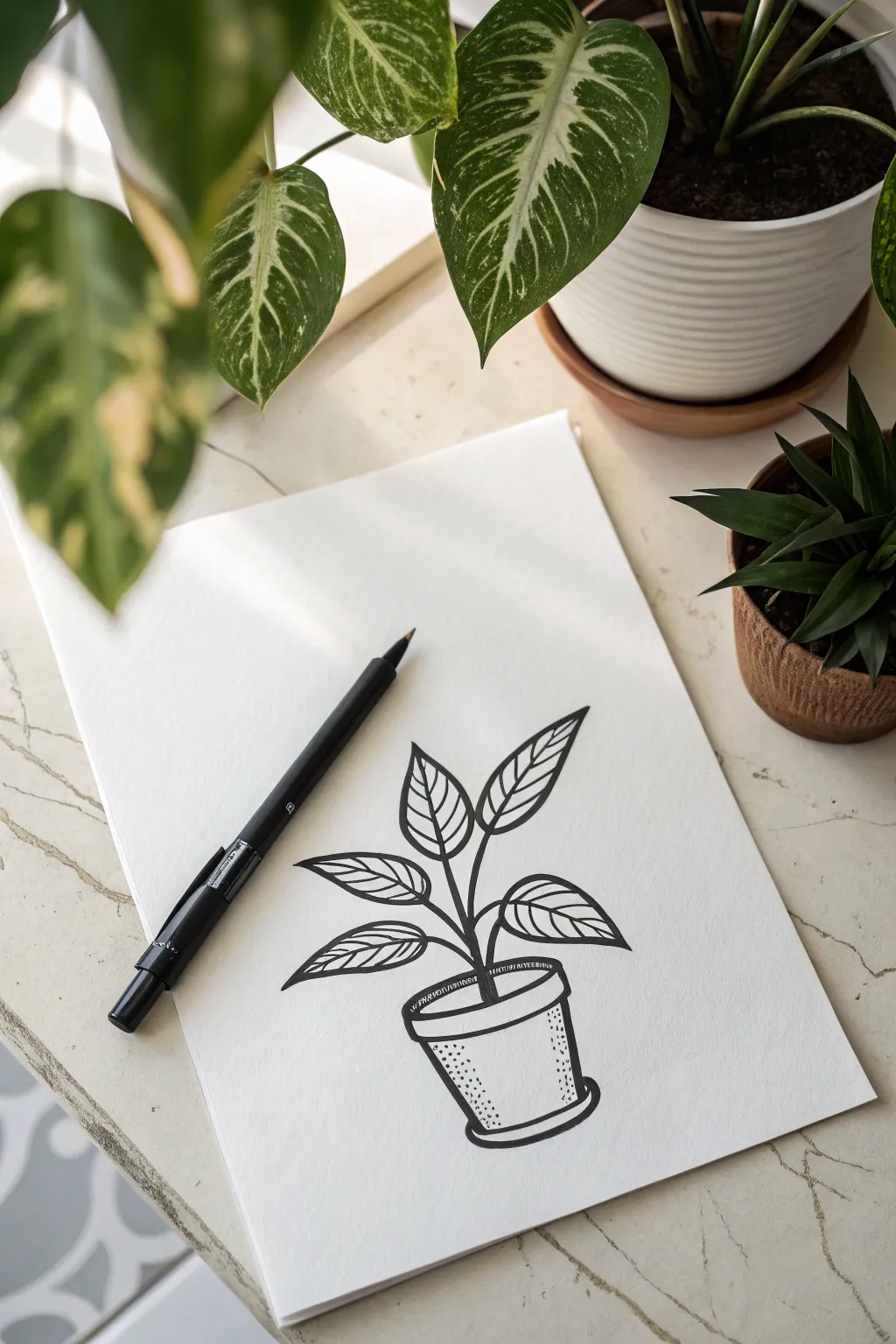 Minimalist black marker houseplant with bold shadow blocks for striking contrast on white paper