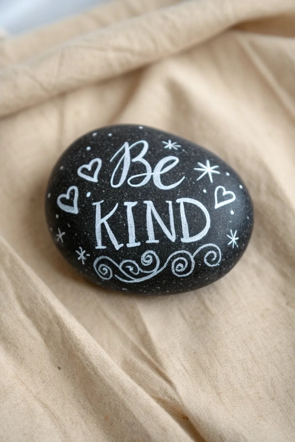 Chalkboard style white lettering on a black rock, simple boho doodles, crisp contrast and calm vibes.