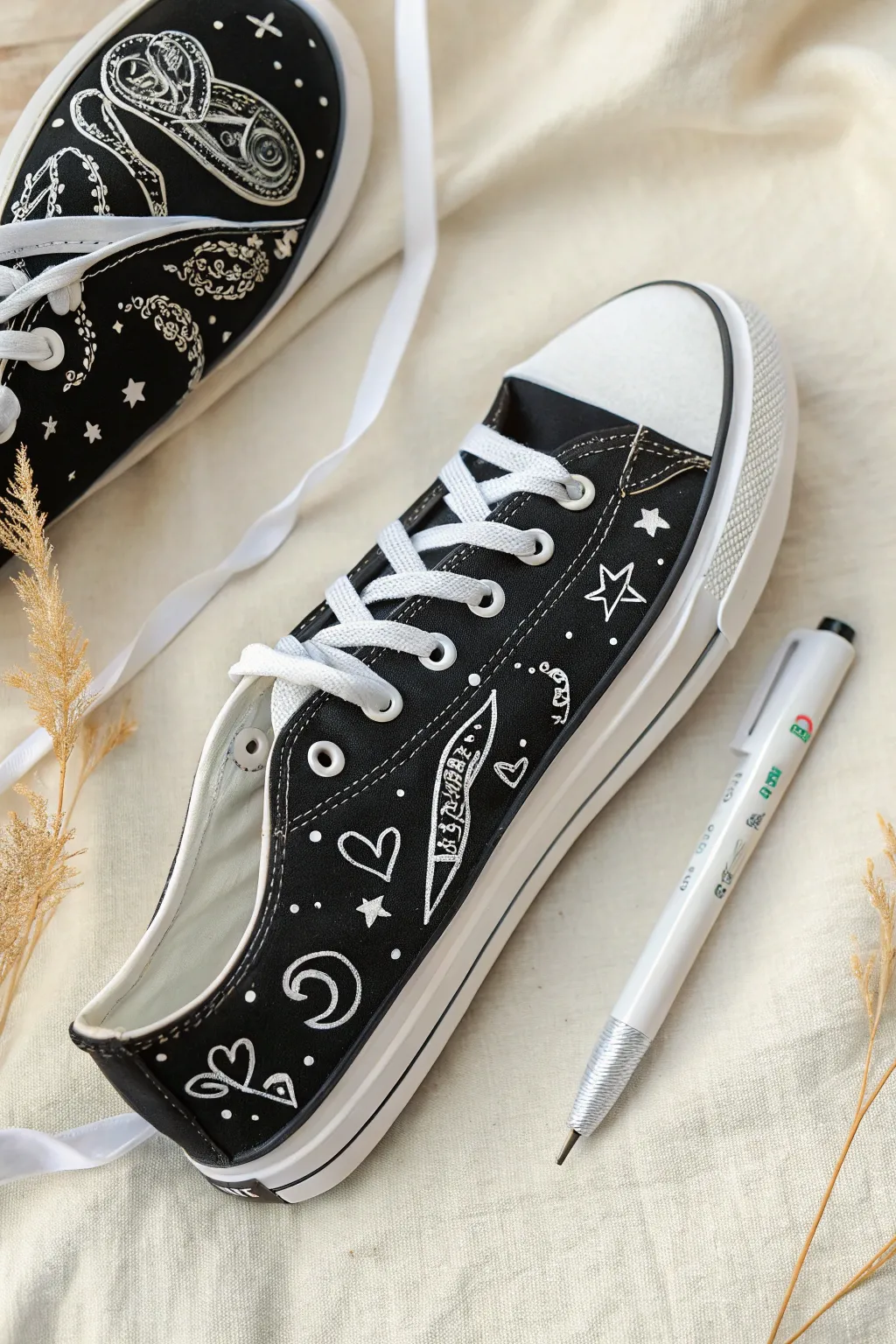 Crisp white line doodles transform a black shoe into minimalist, boho-chic art at home.