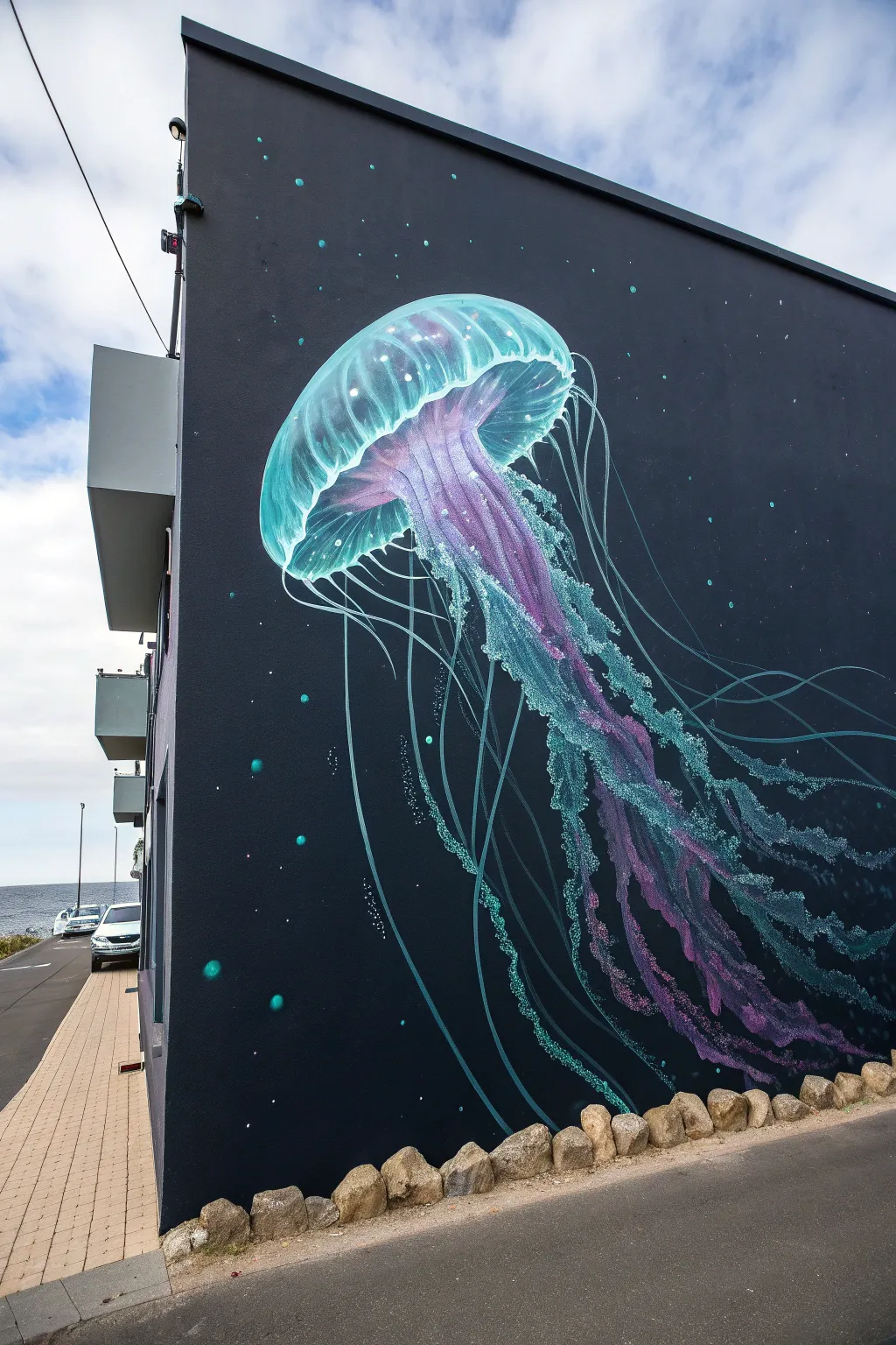 UV-reactive jellyfish mural glowing on a deep black wall, minimalist boho underwater ambiance