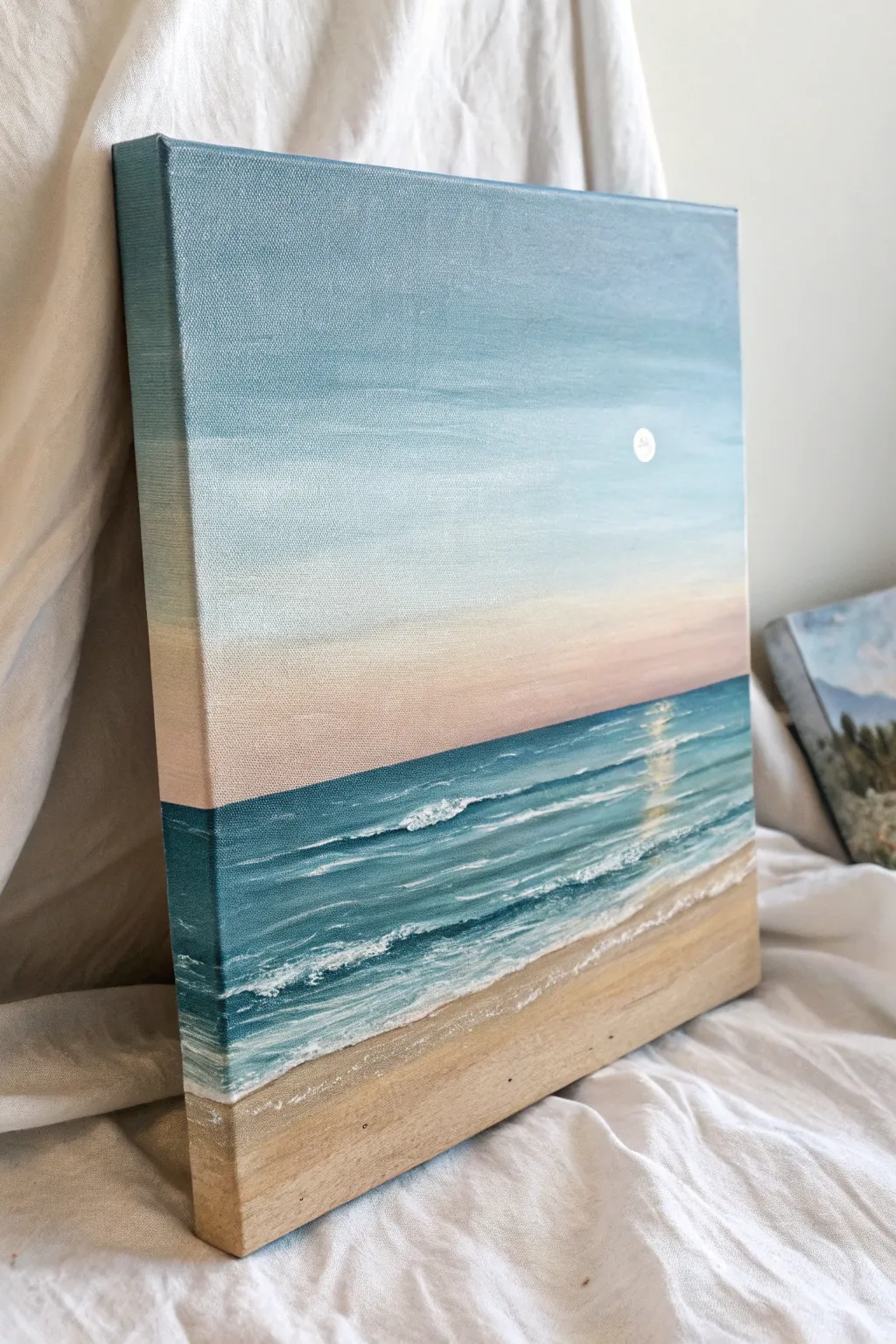 Minimal ocean horizon idea: soft sky, calm sea, and a tiny sun for soothing blank-canvas starts.