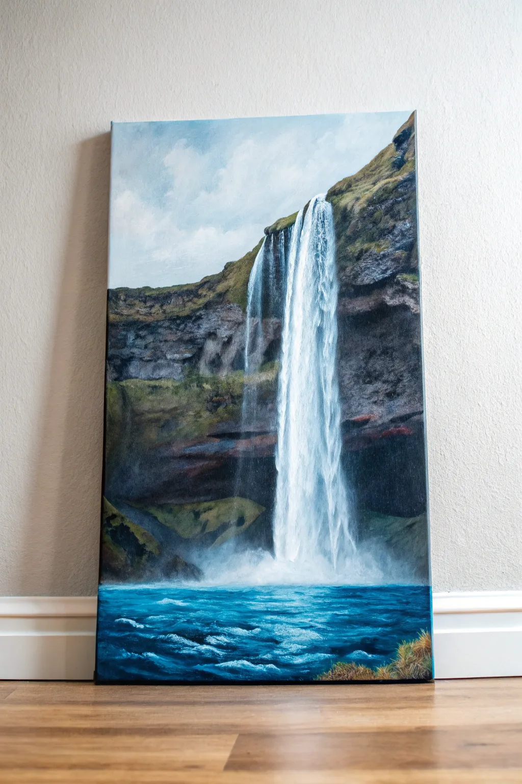 Waterfall in blue mist: a calming acrylic idea with layered shadows and dry-brush spray texture