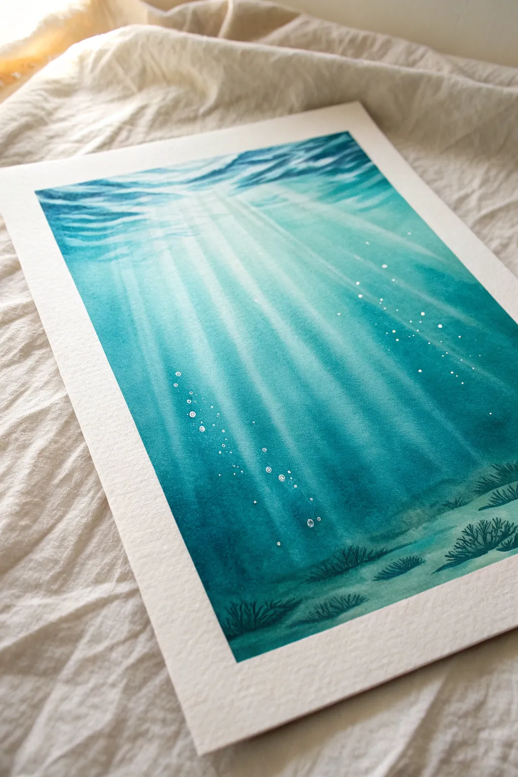 Paint a serene underwater blue-green wash with sunlit rays and delicate bubbles for depth.