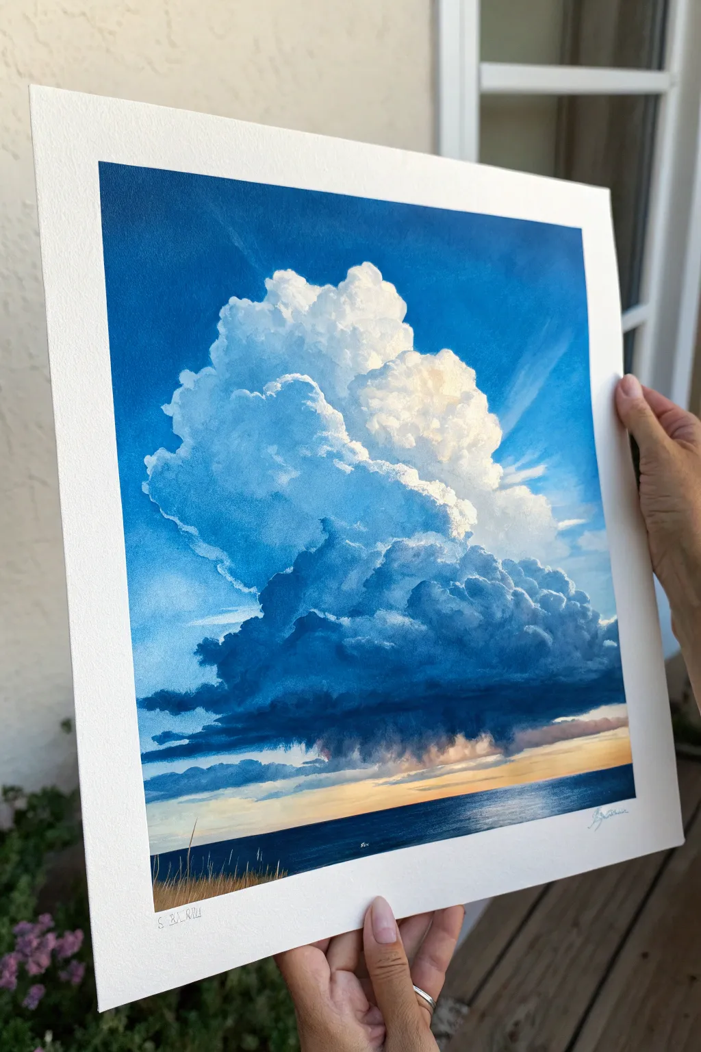 Big sky painting idea: one dramatic hero cloud, crisp edges, calm minimalist blue wash.
