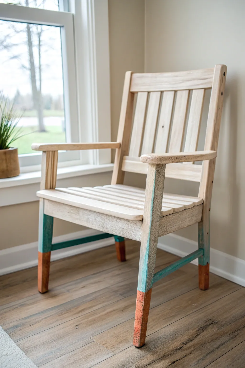 Whitewashed boho chair with terracotta and teal accents for a cozy minimalist color pop