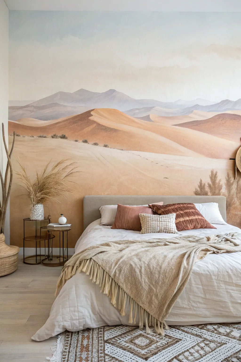Soft desert dune mural behind the bed, warm sandy gradients for a calm boho-minimal look
