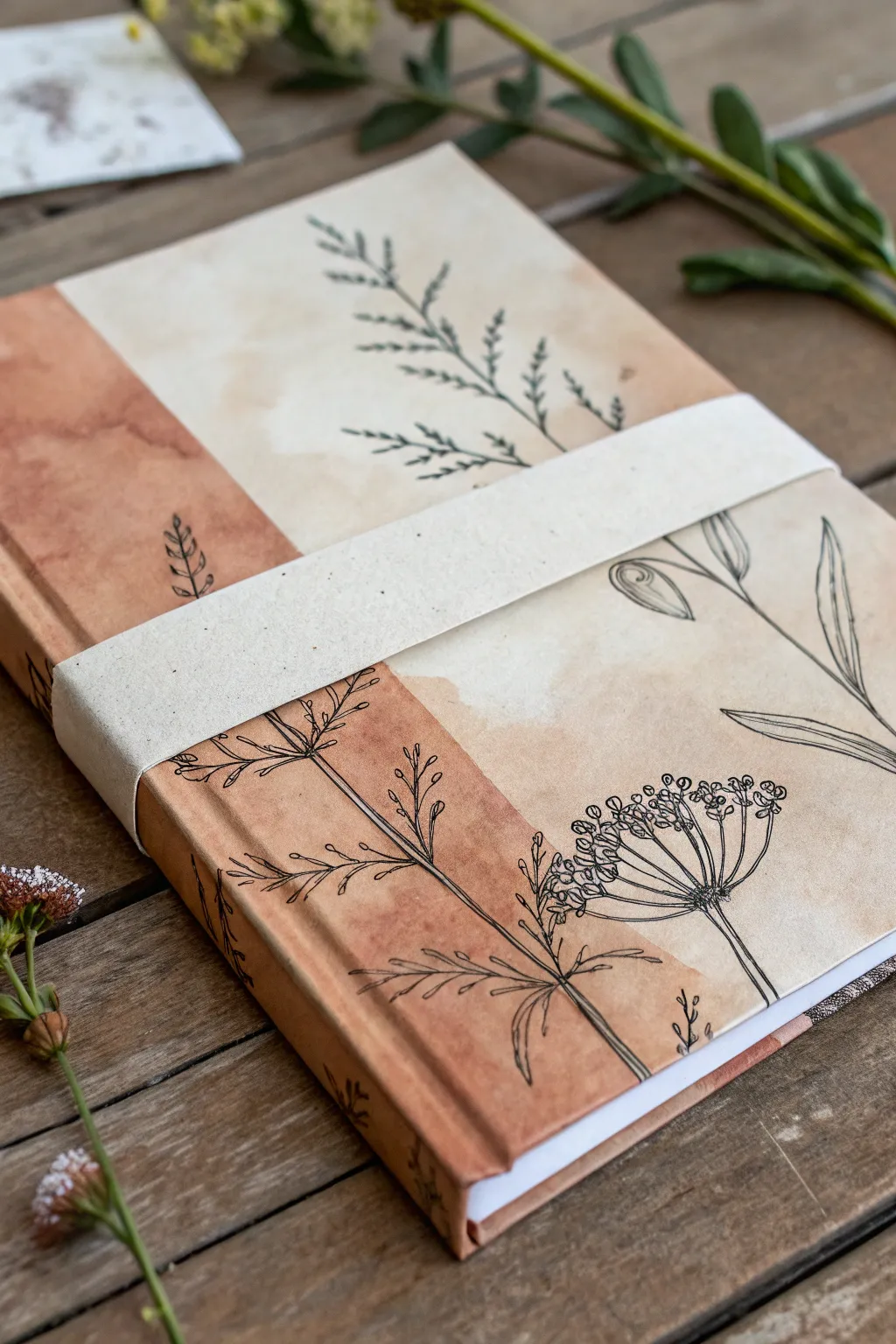 Watercolor wash meets crisp ink line art with a clean title band for elegant covers