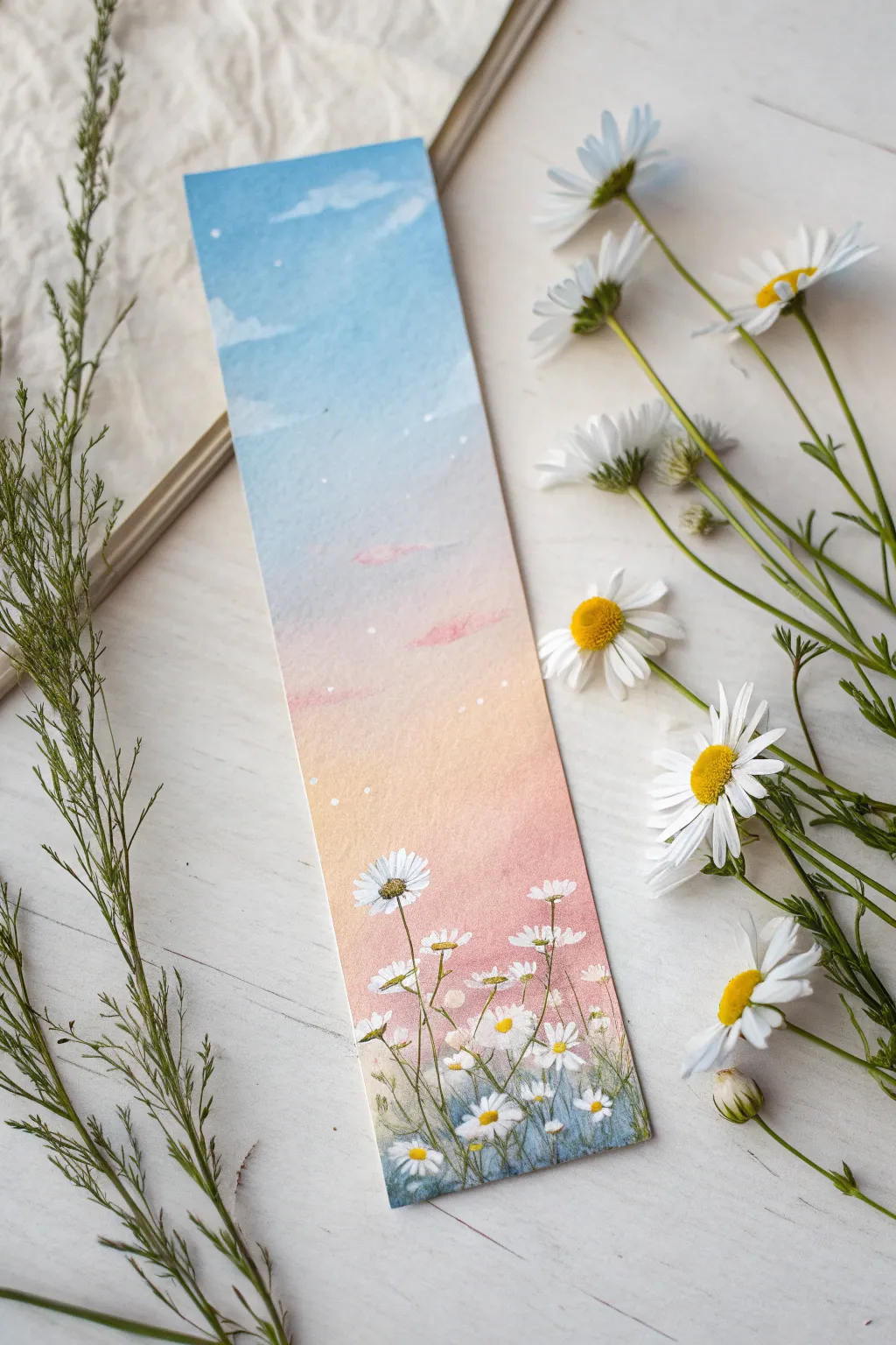 Acrylic bookmark with soft sky wash and tiny wildflowers blooming along the bottom edge