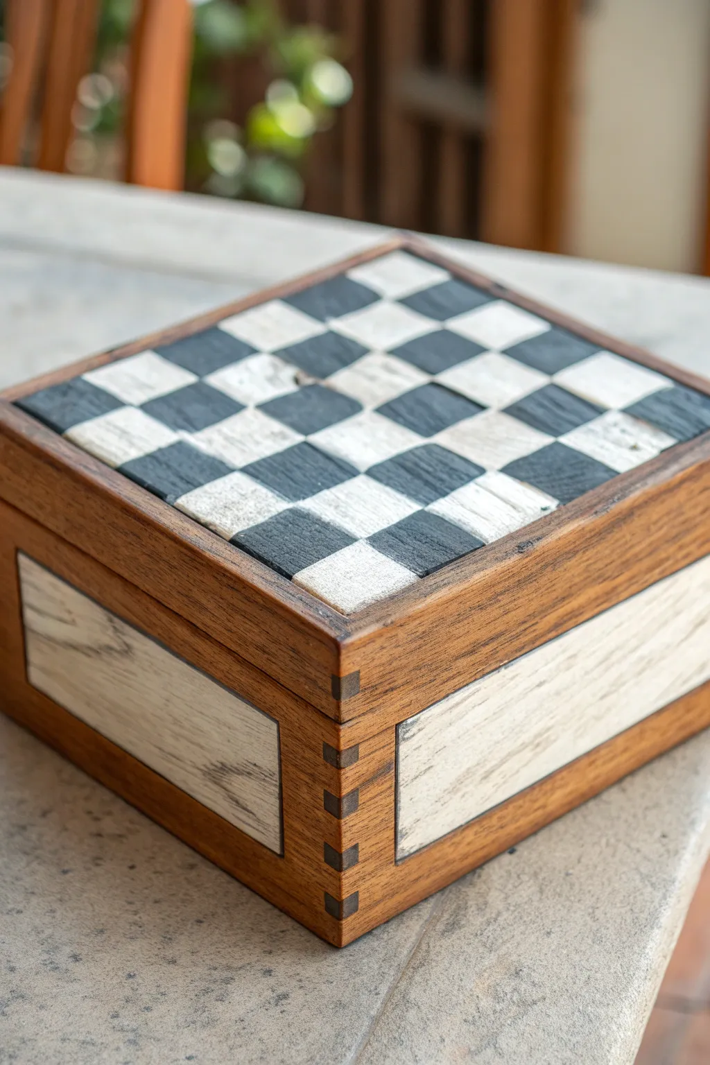 Hand-painted checkerboard box brings instant charm to your shelf, simple and handmade.