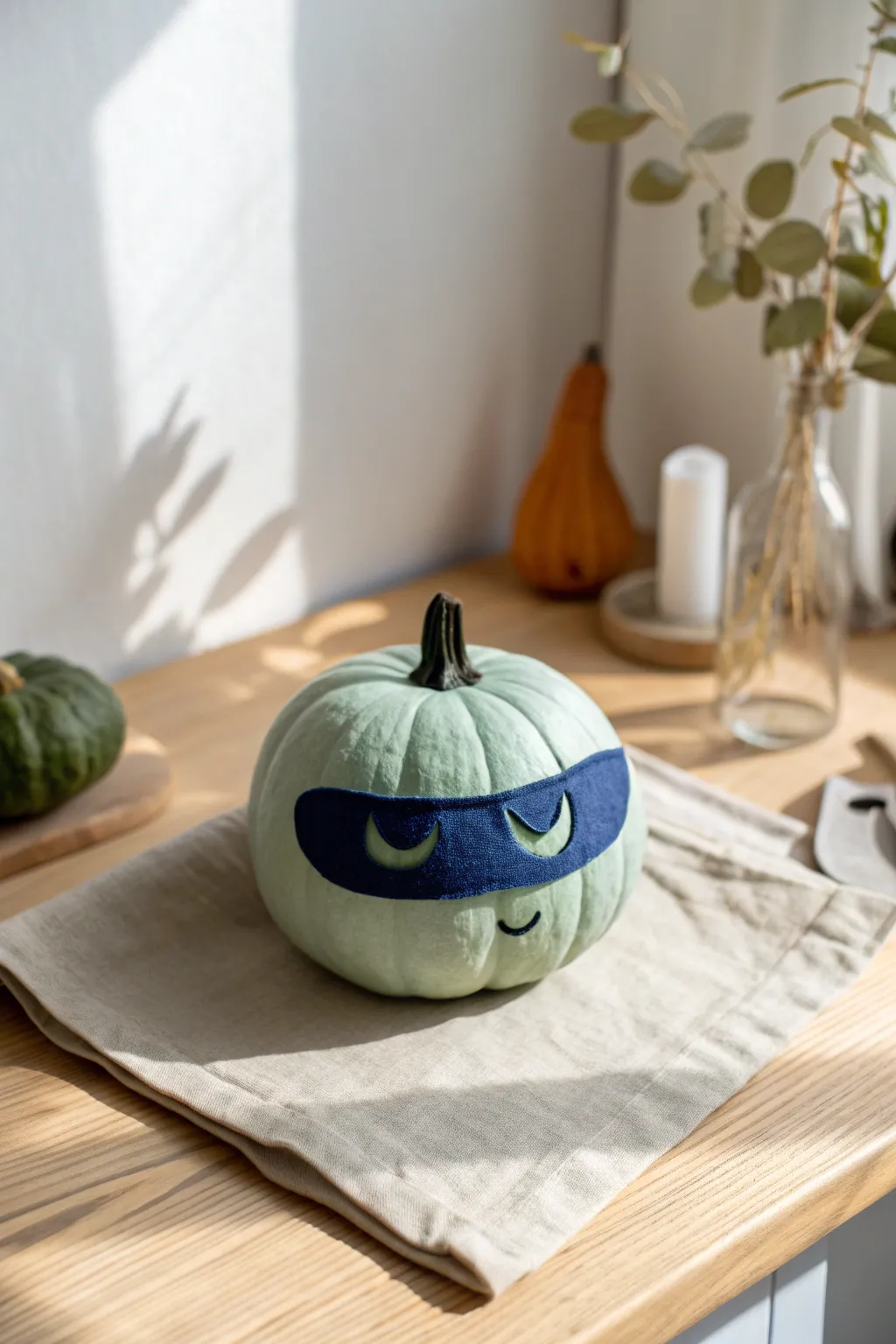 Masked mini pumpkin hero in sage green and cobalt, styled minimalist boho for easy DIY inspiration.
