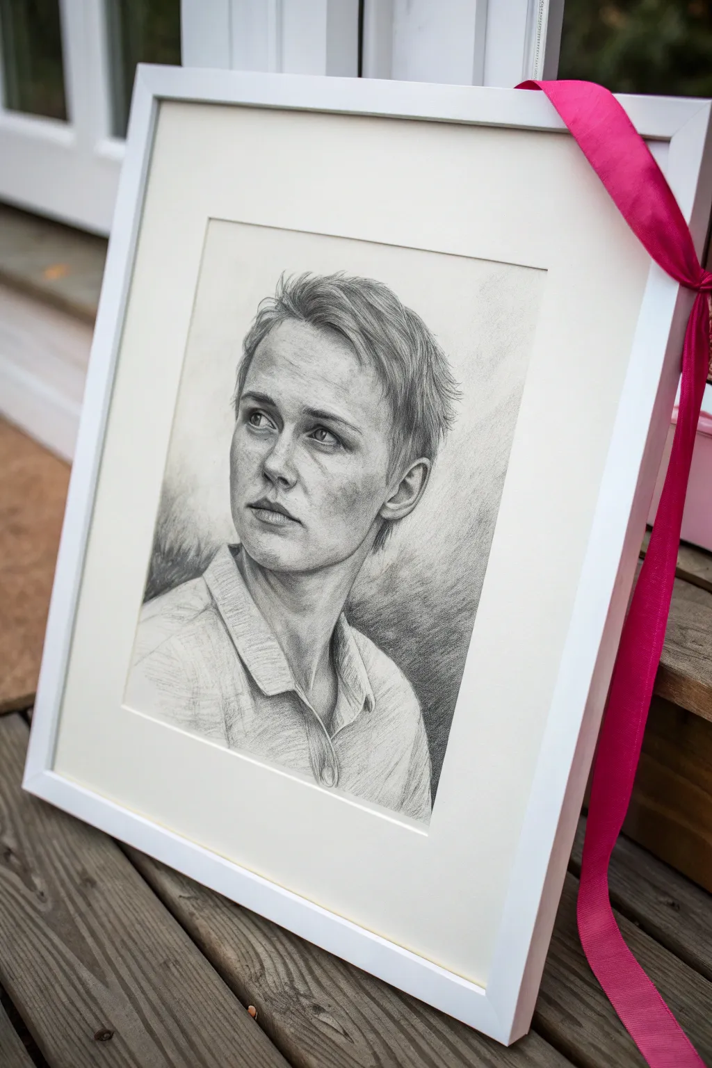 Minimal monochrome portrait with a single pink ribbon accent, calm and powerful.