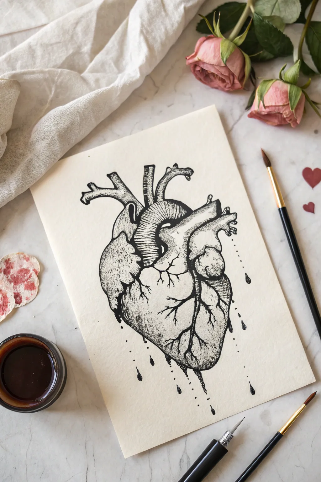 Cracked anatomical heart with inky drips, minimal paper backdrop for moody contrast.