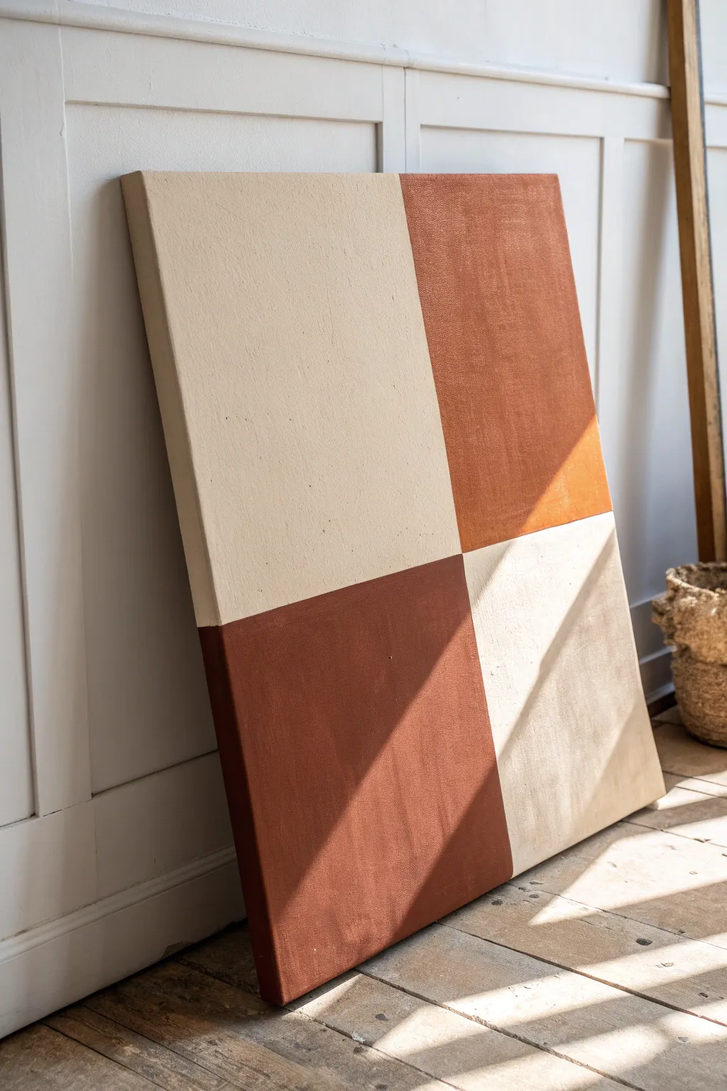 Abstract brown and beige color-block canvas with a deep chocolate accent for minimalist boho calm