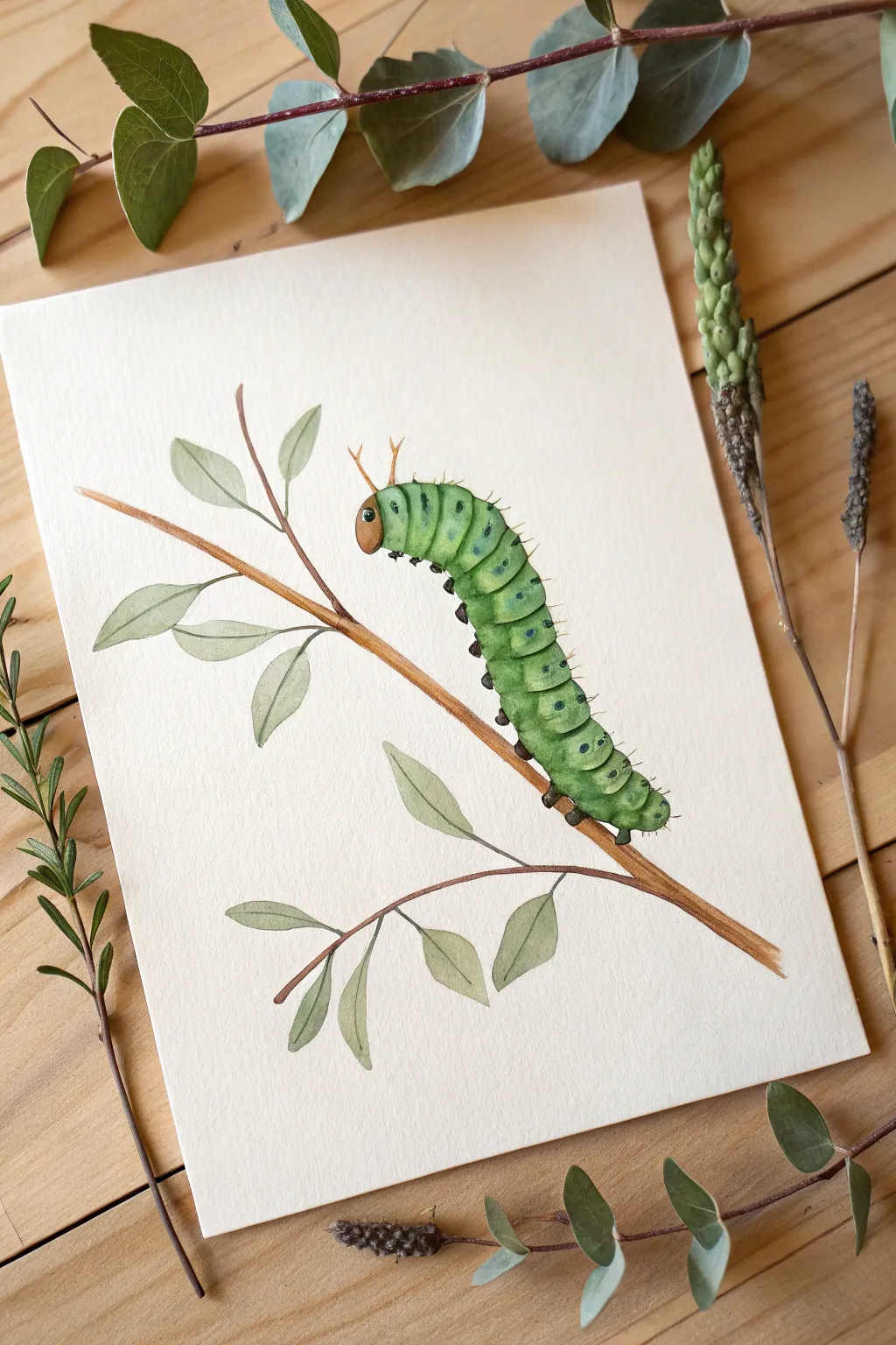 Minimalist watercolor caterpillar on a curving twig, soft boho neutrals and crisp contrast
